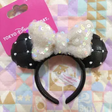 디즈니 키체인 미니 머리띠 스팽글 화이트 리본