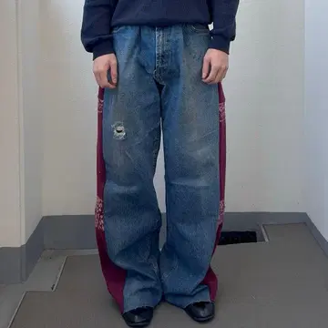 하나뿐인 와이드 데님 팬츠 울 니트 노르딕 무늬 구제 의류 리메이크