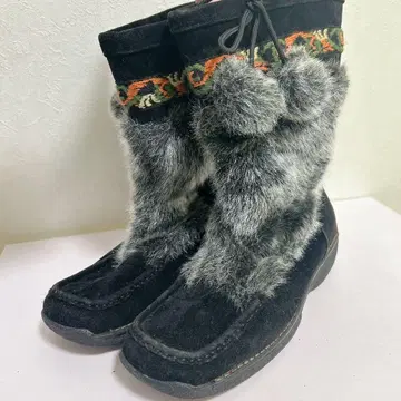 퍼 모카신 부츠 블랙 뜨개질 리본 폼폼