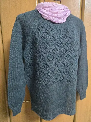 핸드메이드 손뜨개질 짙은 녹색 레이스 니트 스웨터 롱 L