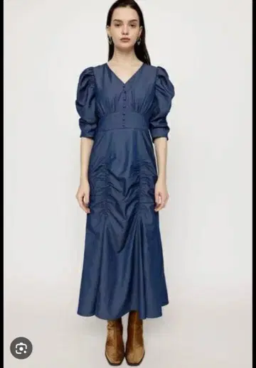 새상품 미사용 택 포함 SLY 다크 블루 퍼프 슬리브 맥시 드레스