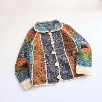 니트 자켓 컬러풀 멀티 컬러 손뜨개질 가디건 카라 부착 C1