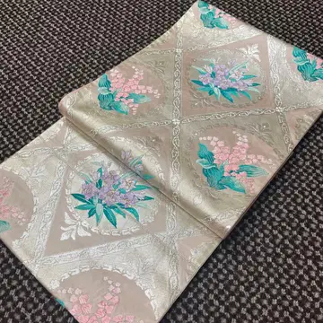 화려한 후쿠로 오비 육통 순수 실크 옅은 핑크 바탕 꽃무늬 앤티크 오비