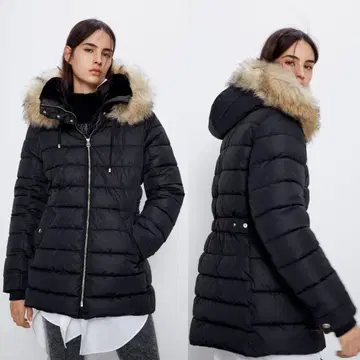 새상품급! ZARA 자라 퍼 포함 다운 코트 보아 안감 블랙 S 사이즈