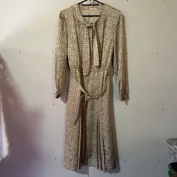 쇼와 레트로 베이지 프린트 패턴 A라인 원피스 빈티지