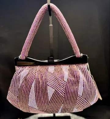 퍼플 총 비즈 백 일본 의류 파티 백 가마구치 쇼와 레트로