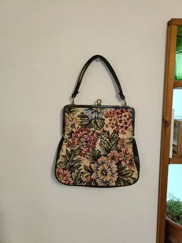 쇼와 레트로 당일 고블랑 직조 천연 가죽 가마구치 모던 백 새상품급