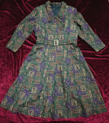 리본 타이 벨트 포함 올 패턴 원피스 쇼와 레트로 Vintage