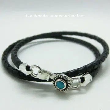 터콰이즈 터키석 2연 꼬임 블랙 가죽 팔찌 실버 925
