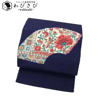 나고야 오비 지가미에 꽃 무늬 새 쥐색 청보라색 O-5578