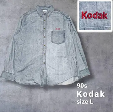 90s Kodak 샴브레이 데님 셔츠 기업 로고 자수 L 빈티지
