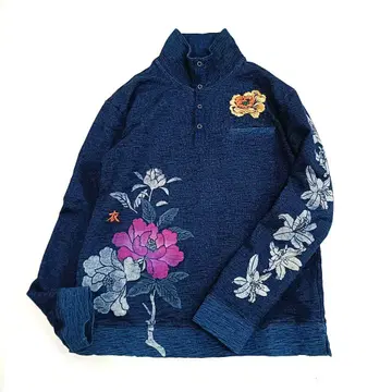 오스티아 재팬 의류 교토 네이비 나염 일본풍 패턴 모란 자수 L 사이즈