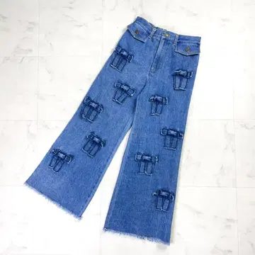 새상품급 포피 메니리본 데님 팬츠 아사기니뇨 플레어 파랑 M*MD283