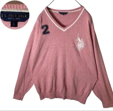 빅 포니 자수 & 넘버링 와펜 핑크 코튼 니트 L 사이즈