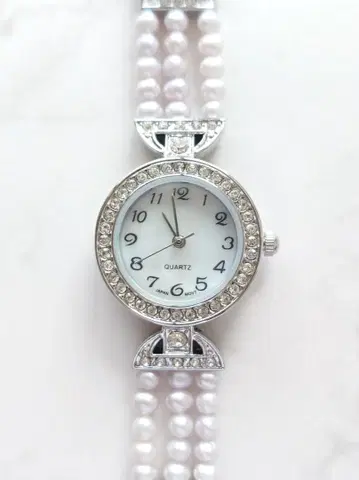[월광펄] 반짝임 브레이슬릿 워치 / 담수펄 3연 / 실버