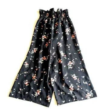 꽃무늬 와이드 팬츠 가우초 팬츠 하이웨스트 레이스업 M 블랙