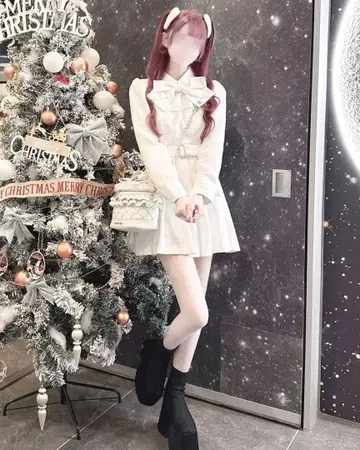 빅 리본 트위드 플리츠 원피스 화이트 허니뮤우 HoneyMew