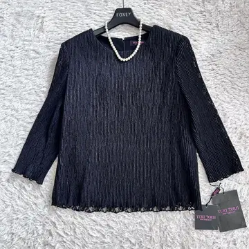 택 포함 새상품 유키토리이 플리츠 블라우스 13호 레이스 7부 소매 블랙