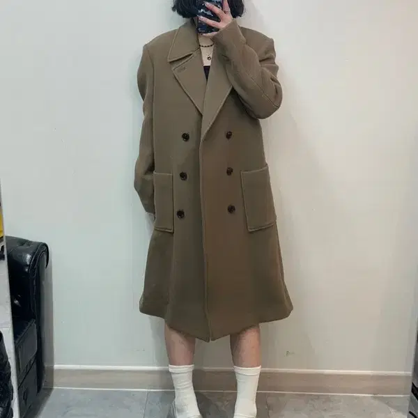 미사용 노앙 더블 브레스티드 오버핏 울 코트 베이지