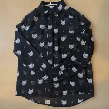 최종 가격 고양이 패턴 쉬폰 긴팔 셔츠 쿨 카레앙 ANONYME 비침