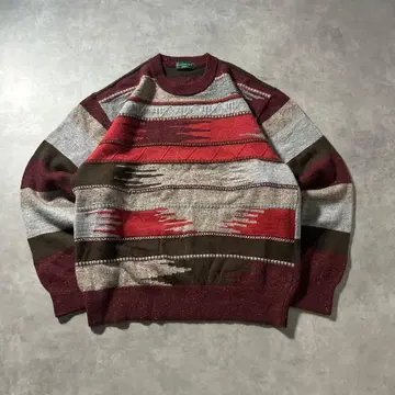 빈티지 와인 레드 민족 무늬 보더 레트로 니트 스웨터