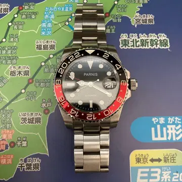 PARNIS 자동 와인딩 GMT 시계 블랙 레드