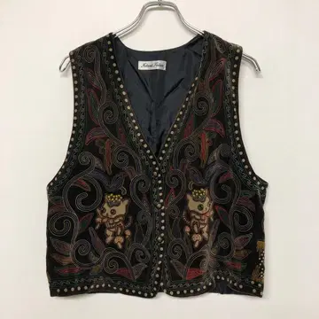 레트로 키치 보헤미안 히피 구제 의류 고양이 자수풍 에스닉 프린트 베스트