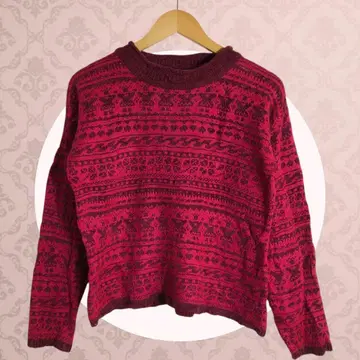 DeCADE 총 패턴 니트 스웨터 빨간색 보르도 계열 빈티지풍 38/40