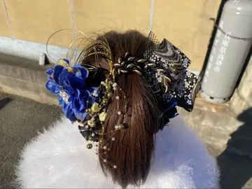 일본 의류 머리 장식 파랑 금 리본 꽃 장식