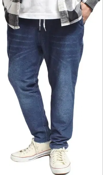 컷 데님 스웨트 팬츠 남성용 빅 사이즈 사이드 라인 스트레치