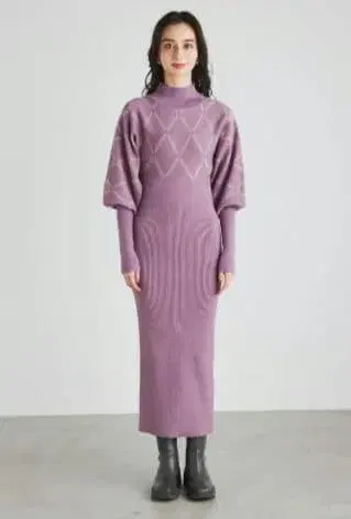 리엔다 다이아 자카드 타이트 니트 원피스 퍼플 롱