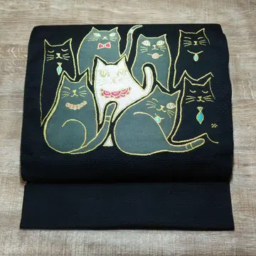 나고야 오비 고양이 패밀리 별별 태고 패턴 블랙 베이스 재단 포함