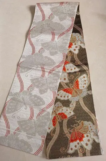 고급 기모노 후쿠로 오비 순수 실크 나비 패턴 리버서블 전통 무늬