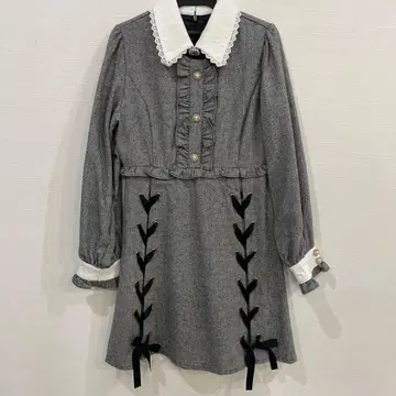 ROJITA 그레이 트위드 프릴 레이스업 미니 원피스 지뢰계 양산형