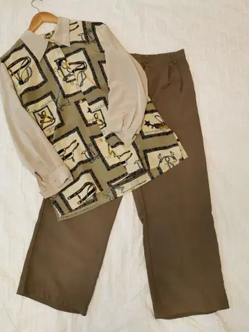 쇼와 레트로 올 패턴 턱 와이드 팬츠 벨트 패턴 보이시 스타일