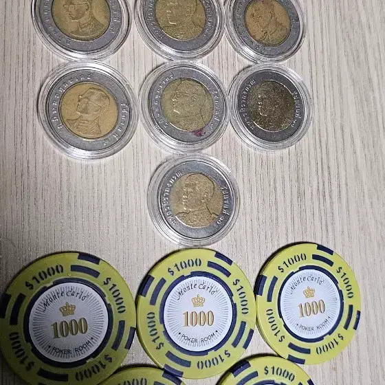 태국 바이메탈 주화 10종 + 몬테카를로 포커칩 1000달러 5점 일괄