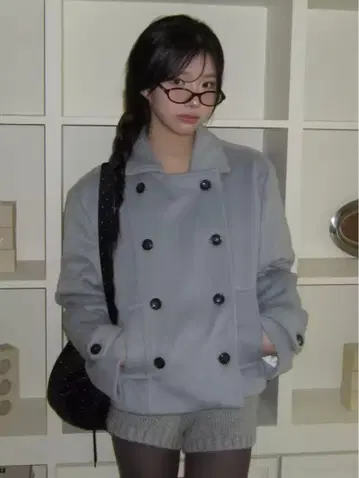 modimood 더블 칼라 울 하프 코트 블루 그레이 P 코트