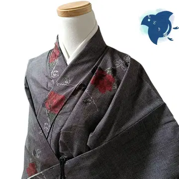 C106 치도리야 기모노 이중 기모노 츠무기 꽃 블랙