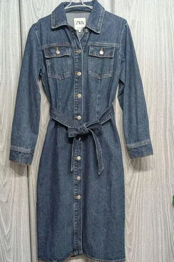 ZARA 데님 롱 원피스 긴팔 데님 원피스 자라 리본