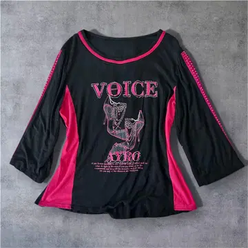 y2k 00s 스터드 티셔츠 블랙 핑크 7부 소매 체인 헤이세이