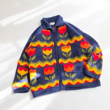 레어 에콰도르제 핸드 니트 튤립 패턴 꽃무늬 니트 A1