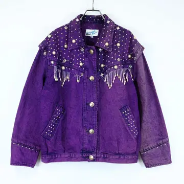 80년대 미국산 빈티지 럭셔리 장식 데님 자켓 보라색 화려한 카우걸