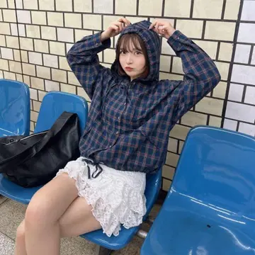 cherryfulXSONA 체크 긴팔 버튼 후드 후드티