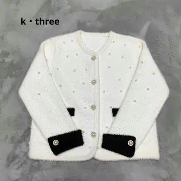 케이 쓰리 펄 장식 니트 자켓 비쥬 버튼 두꺼운 니트