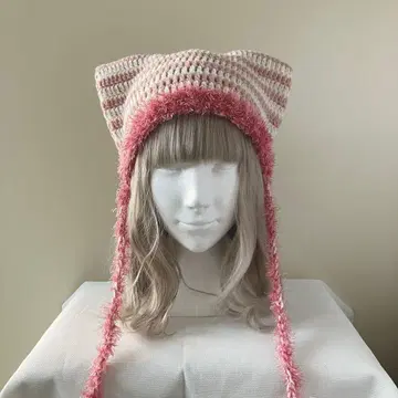 딸기 밀크 고양이 귀 니트 모자 핸드메이드