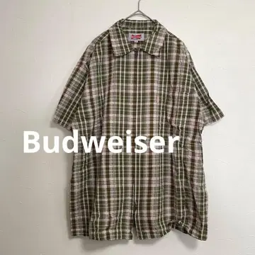 버드와이저 90S 시어서커 체크 셔츠 지퍼 그린 브라운 M