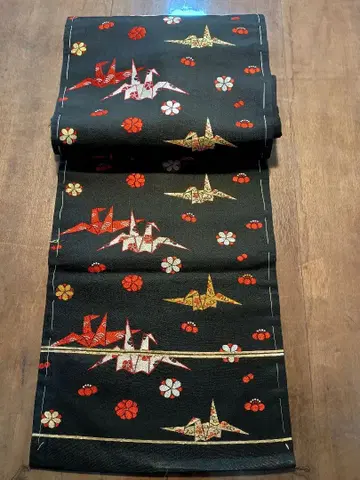 다이쇼 로망 오비 순수 실크 블랙 베이스 접은 학 금실 홍매 화매