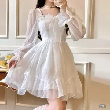 양산형 지뢰계 프릴 시어 원피스 화이트 긴팔 플레어 걸리시