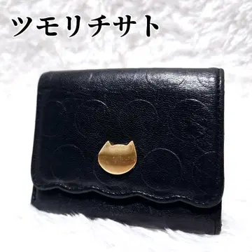 츠모리치사토 3단 폴더형 지갑 블랙 고양이 금장 장식 가죽