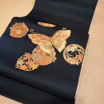 주라쿠대 네이비에 나비와 꽃 자수 후쿠로 오비 미재단